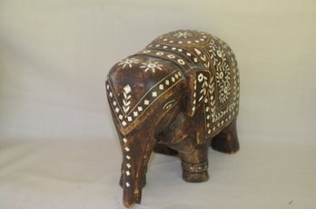 23) Wood Elephant Sculpture Figurine Inlayed Detail 8.5'H