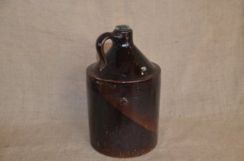 129) Antique Stoneware Earthenware Whiskey Beer Jug Crock Dark Brown Glazed Clay Pottery 9'H