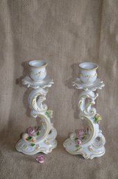 (#125) Vintage Germany Fine Porcelain Victorian Candle Stick Holders Dresden Roses ( See Description)