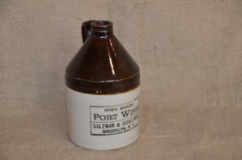 131) Antique Stoneware High Grade Port Wine Salzman & Siegelman Bklyn, NY Jug Jar Loop Handle 7'H