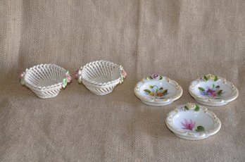 (#127) Vintage KSK Handerbeit German Floral Salt Cellars (3)~ Italian Capadimonte Rose Basket Weave Dish
