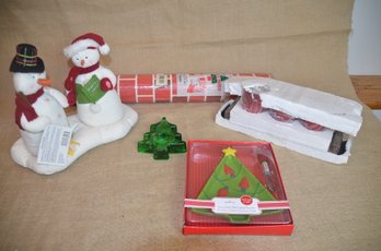 (#155) Assorted Christmas Items ~ Decor. Snowmen Battery ~ Votive Candle Holders ~ Ceramic Tree Candy Dish