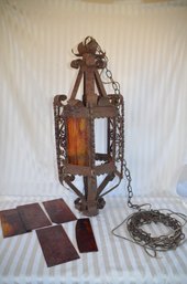 (#112) Vintage Chandelier Spanish Style Metal Electric Pull Chain (pull Works) Stain Glass Insert