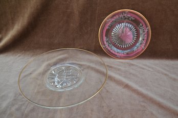 (#190) Vintage Etched Glass Gold Trim Serving Platter 12' And 8' (not Pink)
