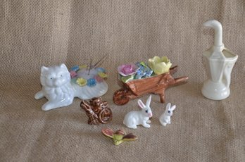 (#128) Trinket Porcelain (7):  Floral Wagon Bone China Amana Floral ~ Needle Pin Cushion Cat~ Toothpick Holder