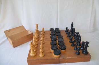 51) Wood Chess Checker Set In Storage Case Complete ( One Broken Chess Piece)