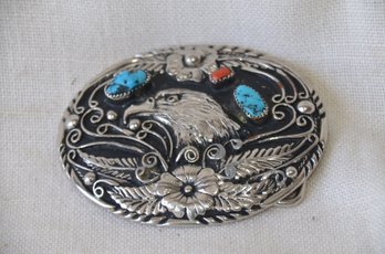 54) Vintage Handcrafted USA Belt Buckle Bald Eagle Bird Head Turquoise Coral Inlay