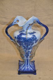 203) Ceramic 14' Blue And White Grape Design Handle Vase (top Wave Slight Crack)