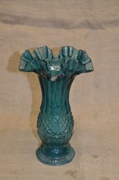 204) Vintage Teal Aqua Ruffled Rim Art Glass Vase 9.5'h ( Bottom Edge Chip)