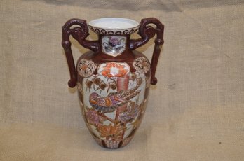 206) Oriental Porcelain Bird Design Handled Vase 10.5'H