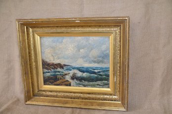 11) Framed Oil Painting Ocean Water Hitting Rocks