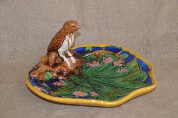 144) Vintage Majolica Ceramic Hand Painted Pottery Leaf Figural Sparrow Bird Dish Plate