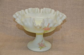 207) Vintage Fenton Custard Satin Glass Hand Painted Pink Rose Compote Uraniam Double Crimped Rim