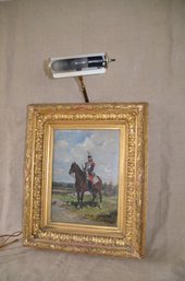 13) Antique Wood Gold Frame Oil Painting Of Napoleon Era Soldier On Horseback