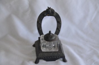 (#45) Vintage Cast Iron Ink Well Crystal Glass With Back Horse Shoe Decor