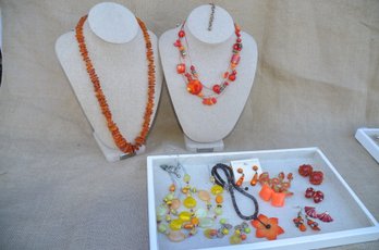 (#101) Coral / Yellow / Orange Lot Of Necklace And Earrings Costume Jewelry