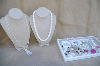 (#102) White Necklace, Bracelets, Earrings Lot Costume Jewelry
