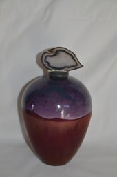 (#9) Decorative Hand Crafted Ceramic Signed Vessel With Stopper Agate Slice