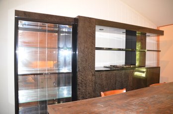 34) Beautiful Wall Unit Black Grey Marble Lacquer Glass Shelves And Doors Overhead Lights  123' Wide