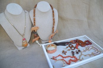 (#103) Brown / Coral Bead Necklaces, Earring, Bracelets Lot Of Costume Jewelry