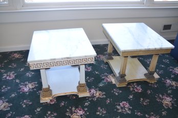 Vintage Marble Top Wood Base End Tables - Marble Removable