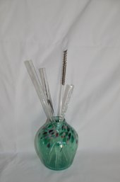 (#15) Hand Blown Green Glass Vase Confetti Detail With Decorative Glass Sticks