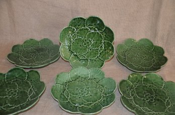 149) Caldas Da Rainha Small Salad Plates With Leaf Design Green Ceramic Set Of 6
