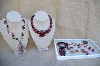 (#104) Ruby Red / Black Necklace, Earrings, Bracelets, Gem Stone Pin Lot Of Costume Jewelry