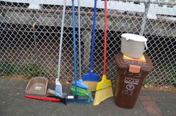 (#124) Lot Of Household Brooms With Pail