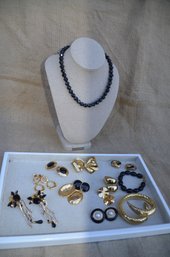 (#105) Black / Gold Necklace, Bracelets, Earrings, Pin Lot Of Costume Jewelry