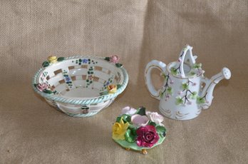 (#92) Vintage Porcelain Ceramic Basket Weave Bowl ~ Decortative Porcelain Watering Can
