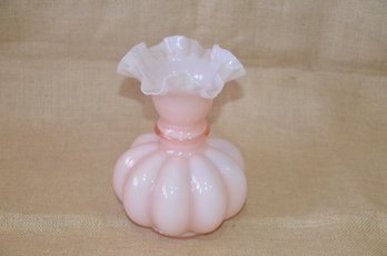 (#6) Vintage Pink White Milk Glass Ruffled Glass Vase