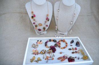 (#106) Coral / Brown / Gold Tones Necklace, Bracelets, Earrings, Pin Lot Of Costume Jewelry
