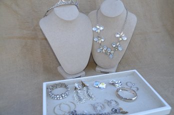 (#107) Silver Tone Bracelets, Earrings, Necklace Costume Jewelry