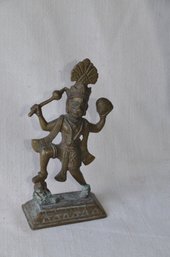 72) Brass Figurine Hindu God Holding Conch Shell And Club 6.5'H