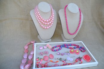 (#108) Pink Tone Costume Jewelry Lot Of Necklaces, Earrings