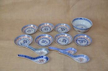 (#130) Hong Kong Blue And White Small Dip Bowls With Spoons 12 Pieces