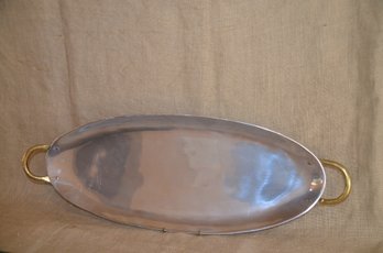 154) Hecho En Mexico Silver Pewter Large Oval Serving Platter With Brass Handles 24.5x9