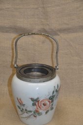 213) Hand Painted Pink Floral Motif English Biscuit Jar Silver Rim And Handle