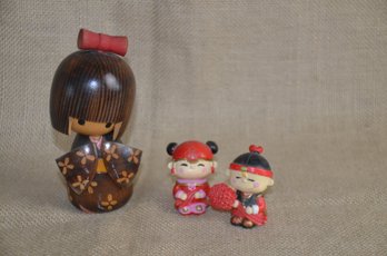 (#50) Japanese Wood Doll And Resin (2) Little Dolls