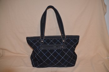 127) Vera Bradley Travel Tote Handbag Black Fabric White / Blue Stitching