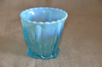 (#96) Vintage Fenton Blue Opalescent Edge Vase Planter 4.5' Dia. By 4'H (2 Chips On Bottom Edge)