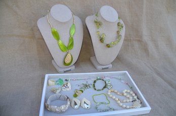 (#110) Green / Beige Necklace, Earrings, Bracelets, Rings Lot Of Costume Jewelry