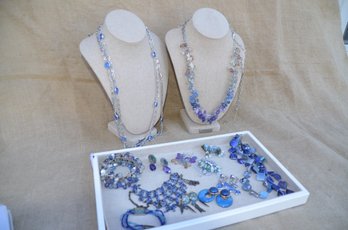 (#111) Blue Tone Costume Jewelry Necklaces, Earrings, Bracelets, Pin