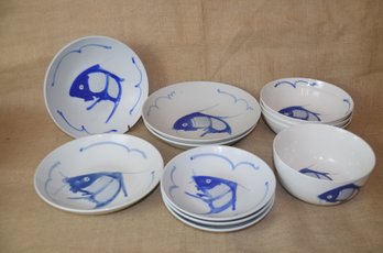 (#134) Blue And White Fish Design Chinese Bowls
