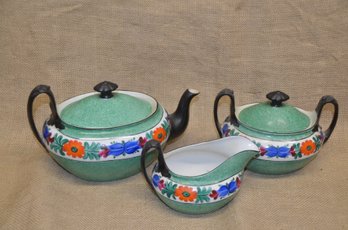 217) Hand Painted Moravian Czechoslovakia Phoenix Porcelain Tea Pot, Creamer & Sugar