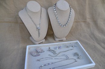 (#113) Clear Rhinestone Costume Jewelry Lot Of Necklaces, Bracelets, Pins, Earrings