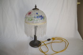 (#104)  Frosted Glass Floral Lamp Shade With Beaded Tassel Metal Base