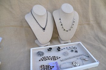(#114) Black / Silver Tone Costume Jewelry Lot Of Earrings, Necklaces, Bracelets, Pins
