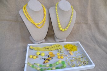 (#115) Yellow / Green Costume Jewelry Lot Of Earrings, Necklaces